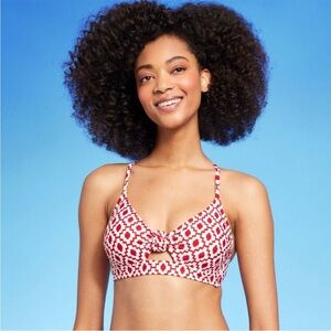 NWT longline underwire knot bikini top red geo